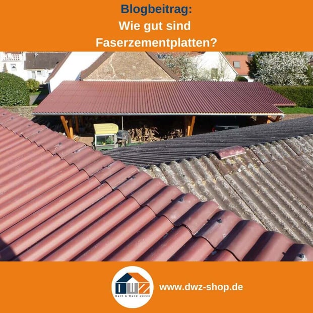 Titelgrafik eines Blogbeitrags mit dem Thema ‚Faserzementplatten‘ – gezeigt werden verschiedene Dächer mit Faserzementplatten, dazu das Logo und die Webadresse von DWZ-Shop.de.