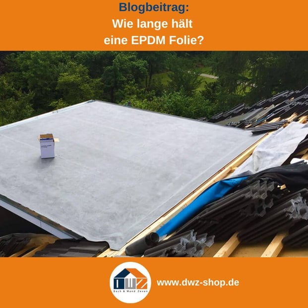 Titelgrafik eines Blogbeitrags mit dem Thema ‚Haltbarkeit von EPDM-Folie‘ – gezeigt wird eine Gaube mit schwarzer EPDM-Folie, dazu das Logo und die Webadresse von DWZ-Shop.de.