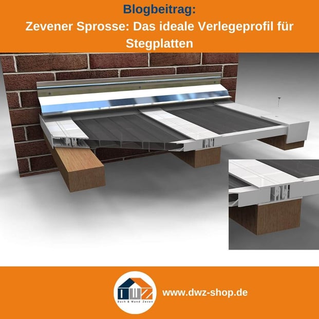 Titelgrafik eines Blogbeitrags mit dem Thema ‚Verlegeprofil Zevener Sprosse‘ – gezeigt wird ein Querschnitt der Zevener Sprosse, dazu das Logo und die Webadresse von DWZ-Shop.de.