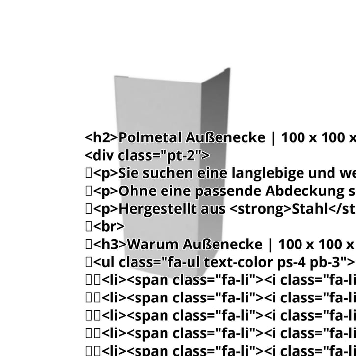 Außenecke | 100 x 100 x 2000 mm | Stahl 0,75 mm | 25 µm Polyester | 9006 - Weißaluminium #2