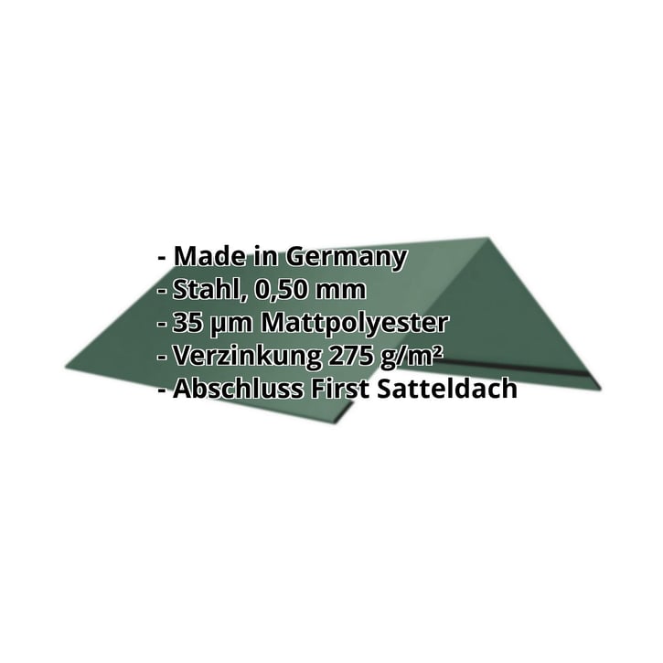 Firstblech flach | 145 x 145 x 2000 mm | 140° | Stahl 0,50 mm | 35 µm Mattpolyester | 6005 - Moosgrün #2