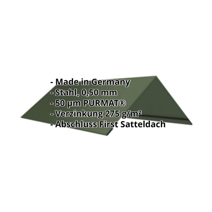 Firstblech flach | 145 x 145 x 2000 mm | 140° | Stahl 0,50 mm | 50 µm PURMAT® | 011 - Grün #2