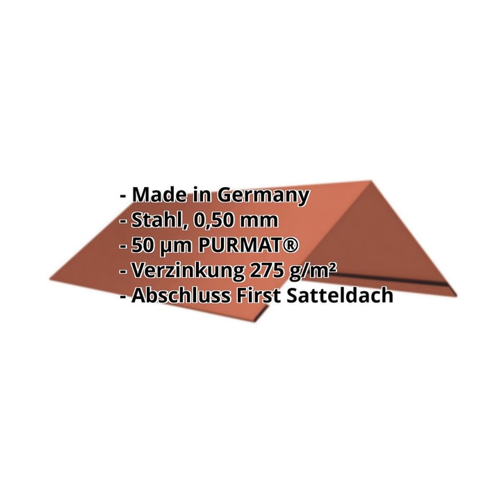 Firstblech flach | 145 x 145 x 2000 mm | 140° | Stahl 0,50 mm | 50 µm PURMAT® | 750 - Ziegelrot #2