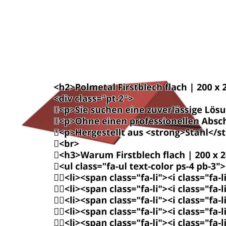 Firstblech flach | 200 x 200 x 2000 mm | 140° | Stahl 0,50 mm | 50 µm PURMAT® | 028 - Kirschrot #2