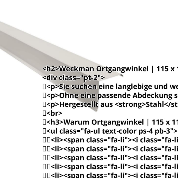 Ortgangwinkel | 115 x 115 mm | Stahl 0,75 mm | 25 µm Polyester | 9002 - Grauweiß #2