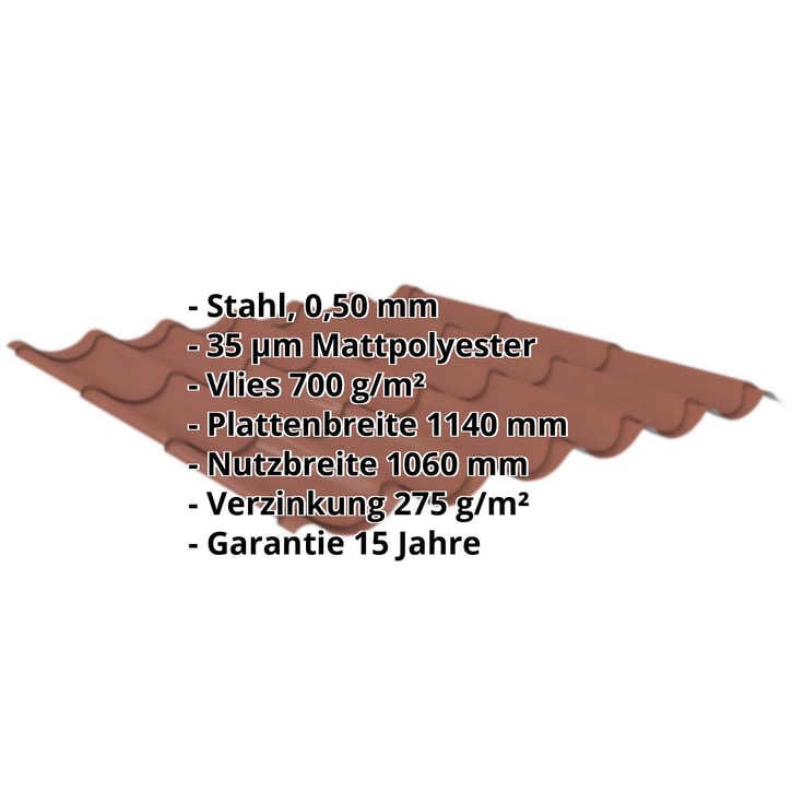 Pfannenblech 2/1060 | Anti-Tropf 700 g/m² | Stahl 0,50 mm | 35 µm Mattpolyester | 75 - Ziegelrot #2