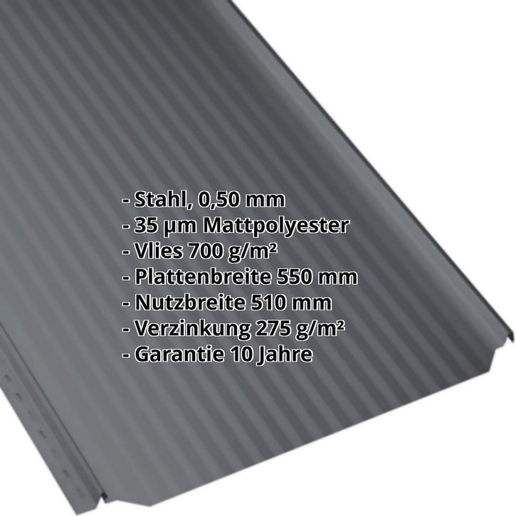Stehfalzblech PD-510-S | Mikro | Anti-Tropf 700 g/m² Stahl 0,50 mm | 35 µm Mattpolyester | 7016 - Anthrazitgrau Stehfalzblech PD-510-S | Mikro | Anti-Tropf 700 g/m² | Stahl 0,50 mm | 35 µm Mattpolyester | 7016 - Anthrazitgrau #2