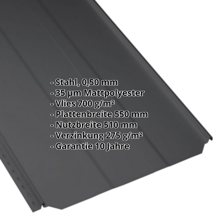Stehfalzblech PD-510-S | Trapez | Anti-Tropf 700 g/m² | Stahl 0,50 mm | 35 µm Mattpolyester | 9005 - Tiefschwarz #2