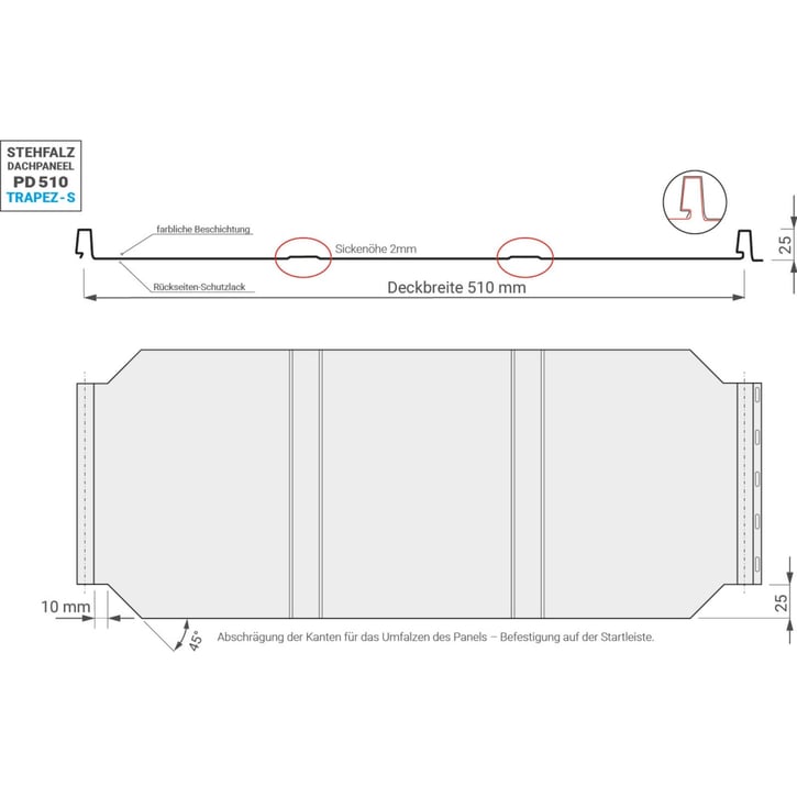Stehfalzblech PD-510-S | Trapez | Anti-Tropf 700 g/m² | Stahl 0,50 mm | 25 µm Polyester | 7024 - Graphitgrau #3