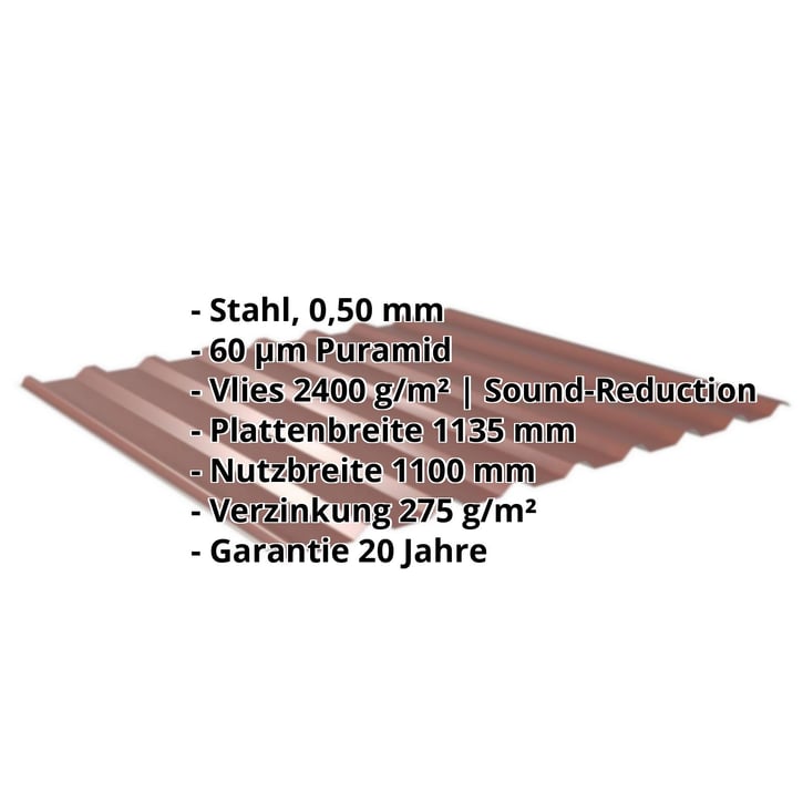 Trapezblech 20/1100 | Dach | Anti-Tropf 2400 g/m² | Stahl 0,50 mm | 60 µm Puramid | 8012 - Rotbraun #2