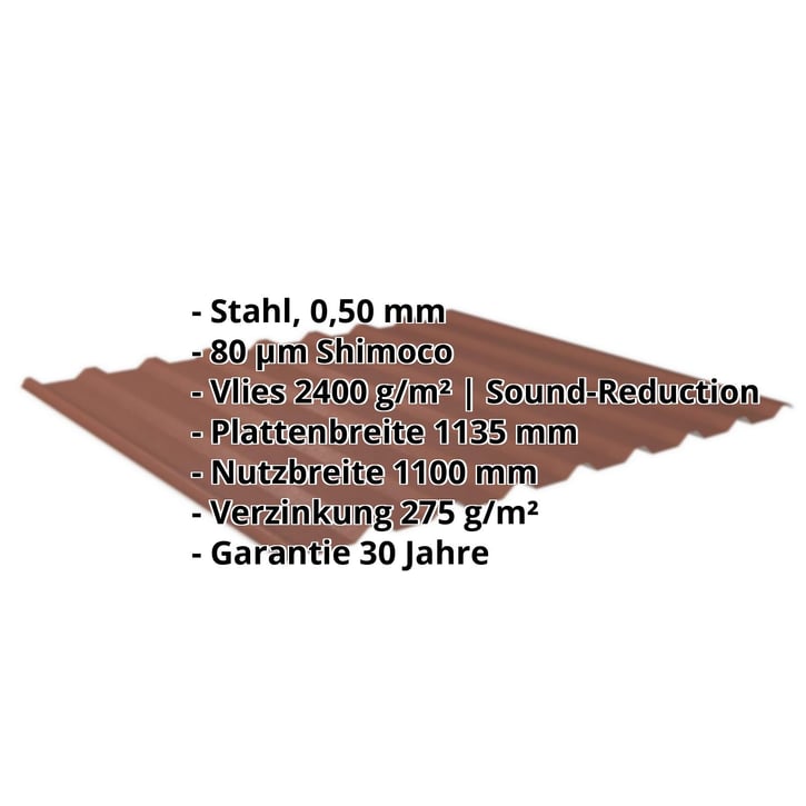 Trapezblech 20/1100 | Dach | Anti-Tropf 2400 g/m² | Stahl 0,50 mm | 80 µm Shimoco | 8004 - Kupferbraun #2