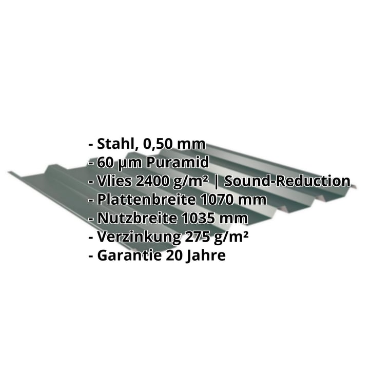 Trapezblech 35/207 | Dach | Anti-Tropf 2400 g/m² | Stahl 0,50 mm | 60 µm Puramid | 6005 - Moosgrün #2