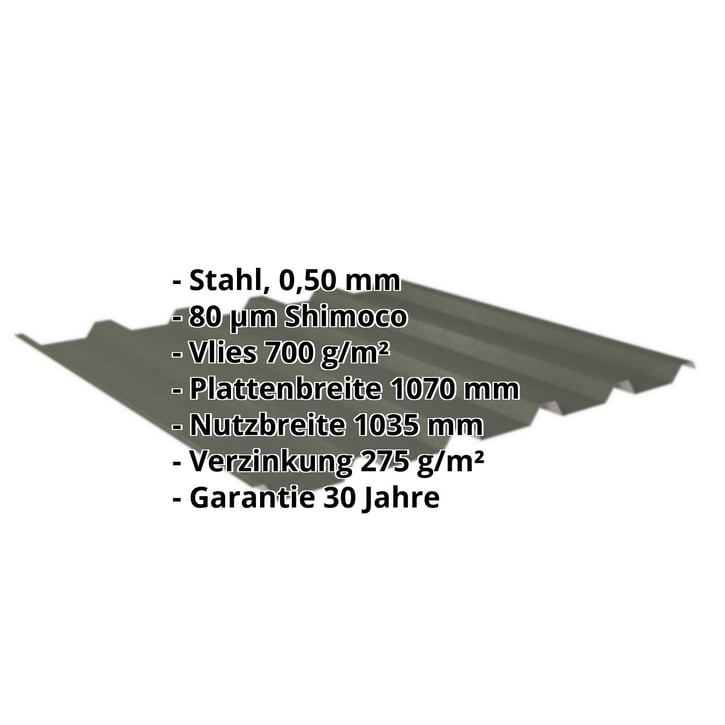 Trapezblech 35/207 | Dach | Anti-Tropf 700 g/m² | Stahl 0,50 mm | 80 µm Shimoco | 6020 - Chromoxidgrün #2