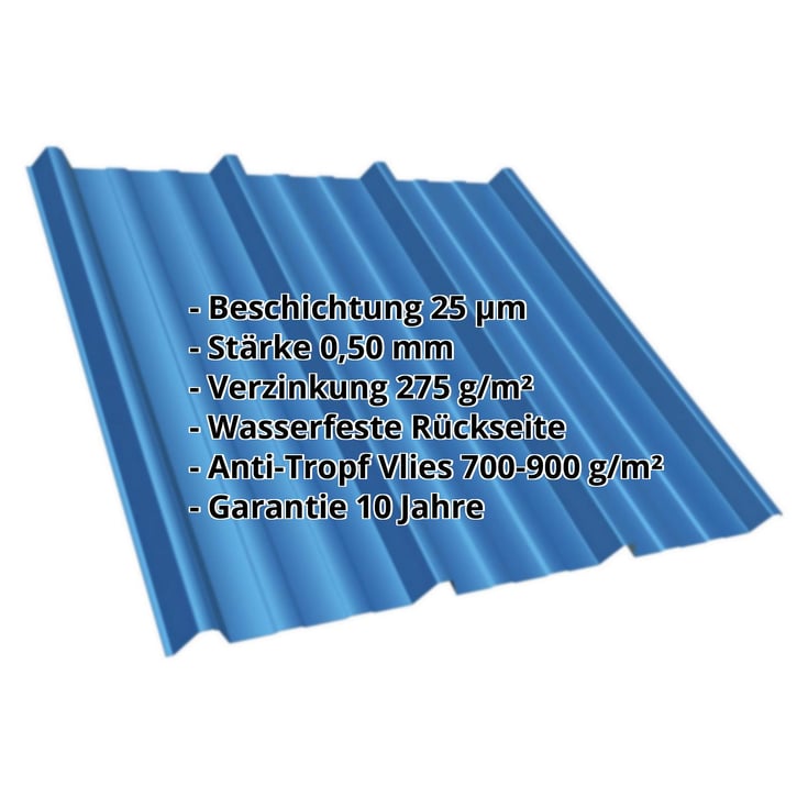 Trapezblech T45/333M | Dach | Anti-Tropf 700 g/m² Stahl 0,50 mm | 25 µm Polyester | 5010 - Enzianblau Trapezblech T45/333M | Dach | Anti-Tropf 700 g/m² | Stahl 0,50 mm | 25 µm Polyester | 5010 - Enzianblau #2