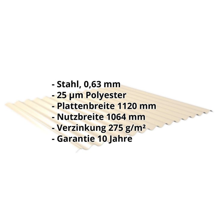Wellblech 18/1064 | Dach | Stahl 0,63 mm | 25 µm Polyester | 1015 - Hellelfenbein #2