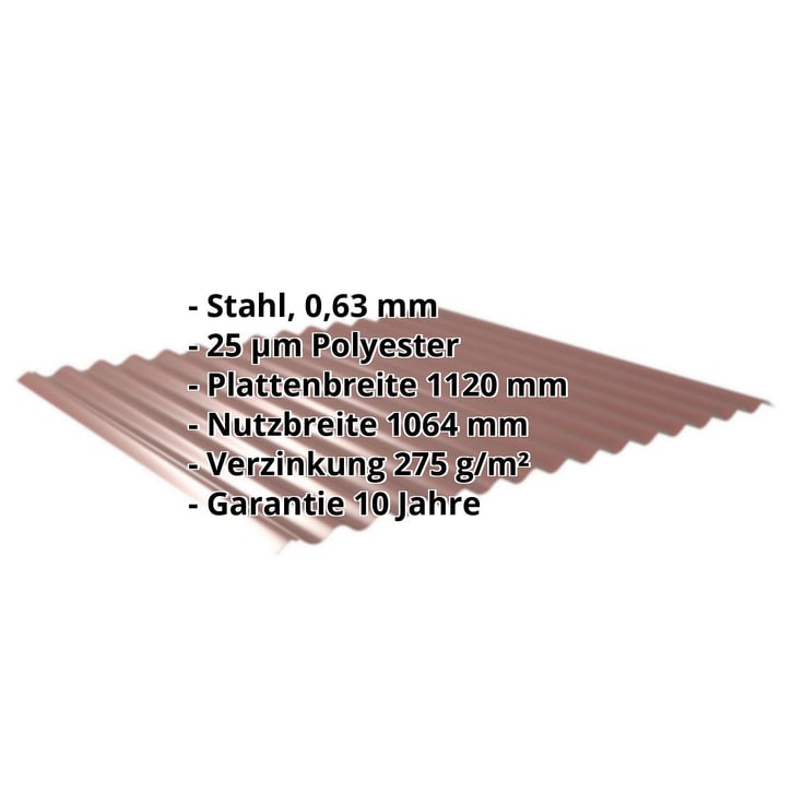 Wellblech 18/1064 | Dach | Stahl 0,63 mm | 25 µm Polyester | 8012 - Rotbraun #2