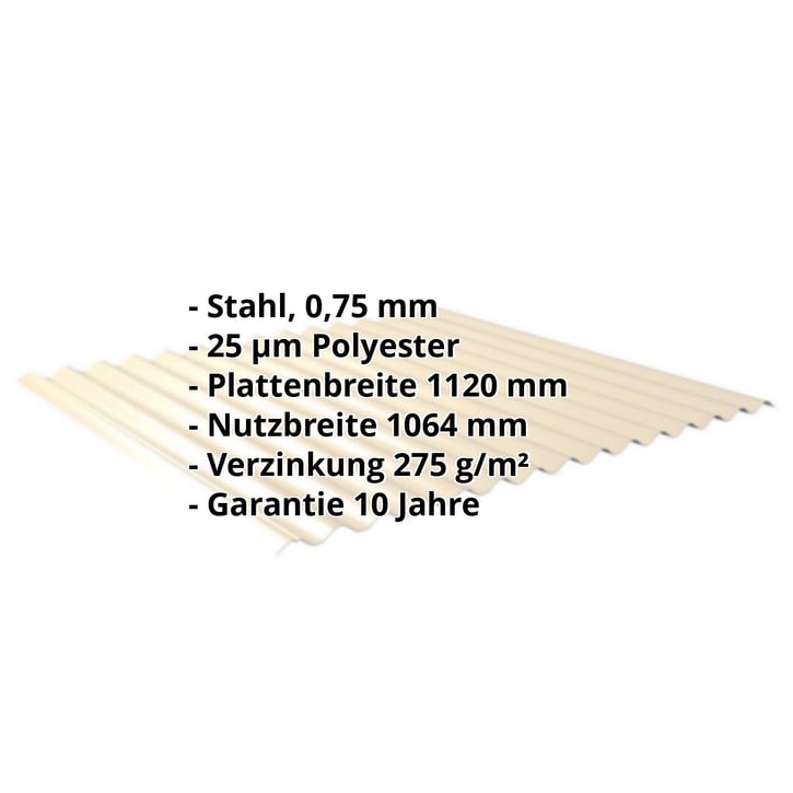 Wellblech 18/1064 | Dach | Stahl 0,75 mm | 25 µm Polyester | 1015 - Hellelfenbein #2