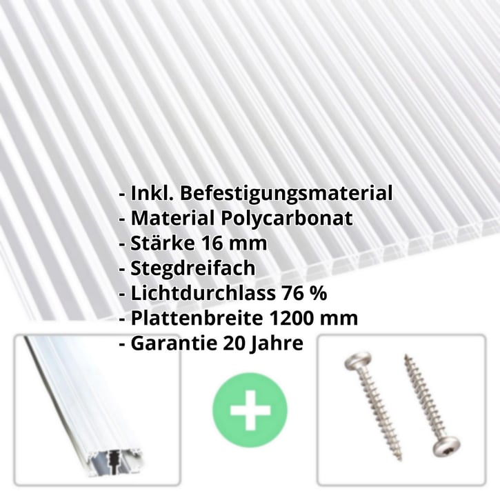 Polycarbonat Stegplatte | 16 mm | Profil A1 | Sparpaket | Plattenbreite 1200 mm | Klar | Beidseit. UV-Schutz | Breite 3,74 m | Länge 2,0 #2