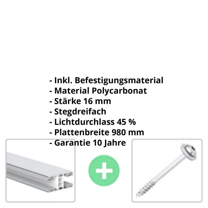 Polycarbonat Stegplatte | 16 mm | Profil Mendiger | Sparpaket | Plattenbreite 980 mm | Opal Weiß | Breite 3,09 m | Länge 2,00 m #2