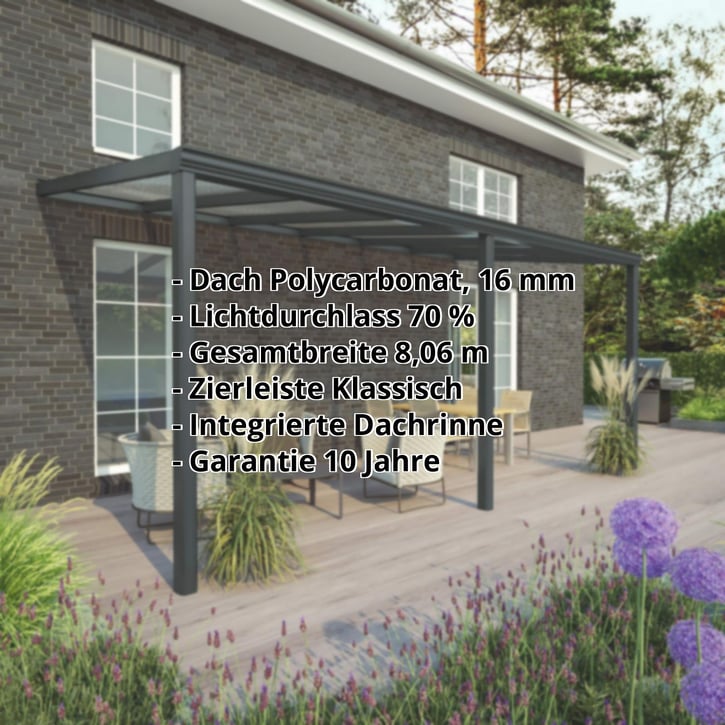 Terrassenüberdachung | Schneelastzone 1 | RAL 7016 | Platte Klar | Leiste Klassisch | Breite 8,06 m | Tiefe 4,00 m #2