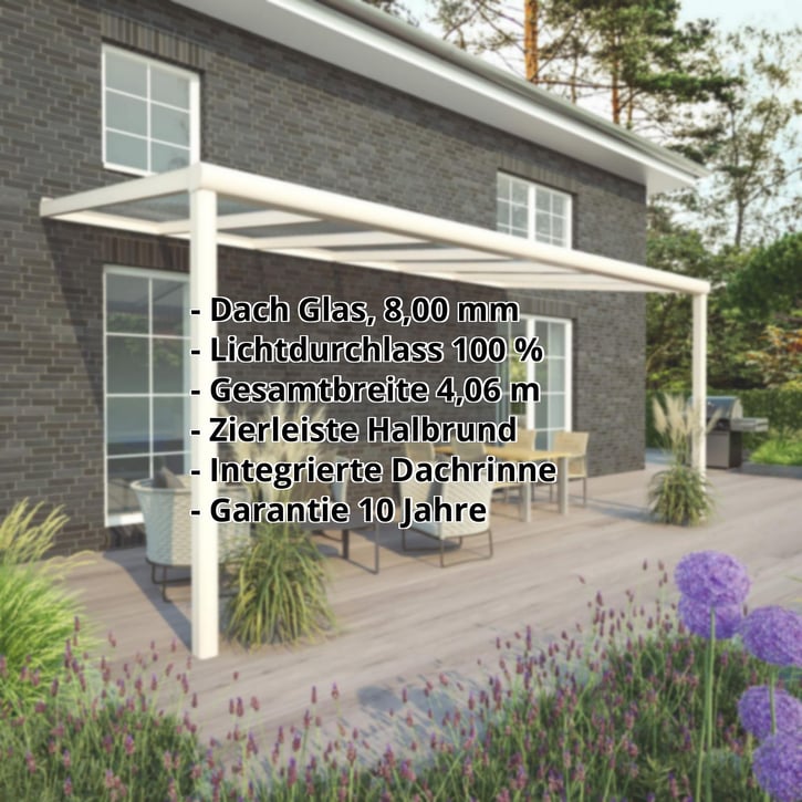 Terrassenüberdachung | Schneelastzone 1 | RAL 9001 | Glasplatte Klar | Leiste Halbrund | Breite 4,06 m | Tiefe 3,00 m #2