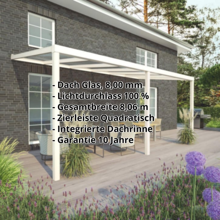 Terrassenüberdachung | Schneelastzone 1 | RAL 9001 | Glasplatte Klar | Leiste Quadratisch | Breite 8,06 m | Tiefe 4,00 m #2