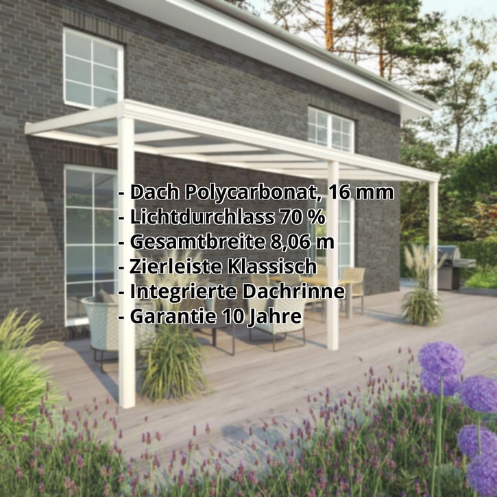 Terrassenüberdachung | Schneelastzone 1 | RAL 9001 | Platte Klar | Leiste Klassisch | Breite 8,06 m | Tiefe 4,00 m #2