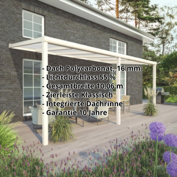 Terrassenüberdachung | Schneelastzone 1 | RAL 9001 | Platte Opal Weiß | Leiste Halbrund | Breite 10,06 m | Tiefe 3,50 m #2