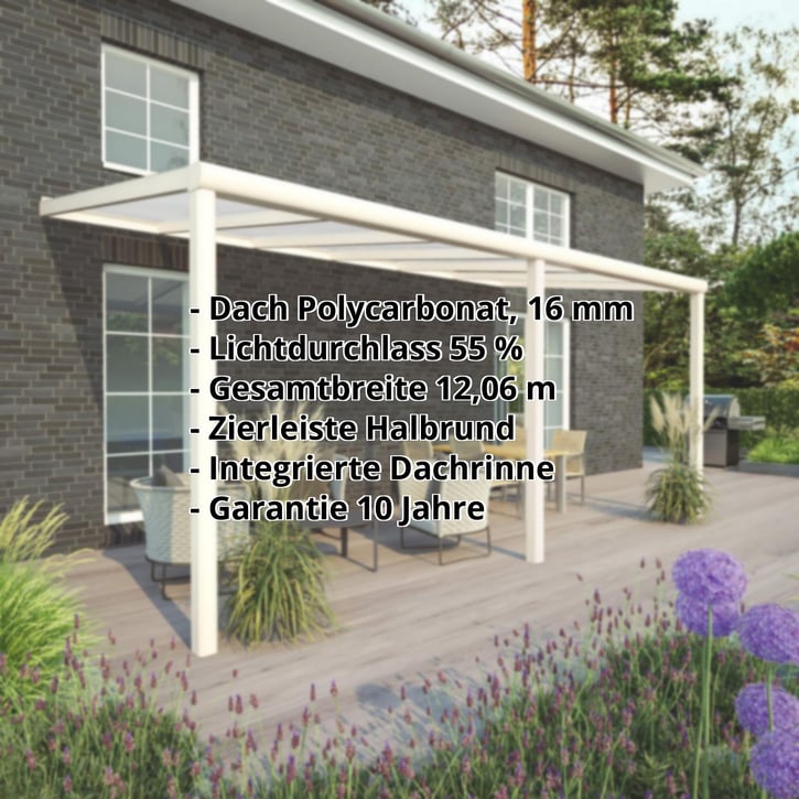 Terrassenüberdachung | Schneelastzone 1 | RAL 9001 | Platte Opal Weiß | Leiste Halbrund | Breite 12,06 m | Tiefe 4,50 m #2