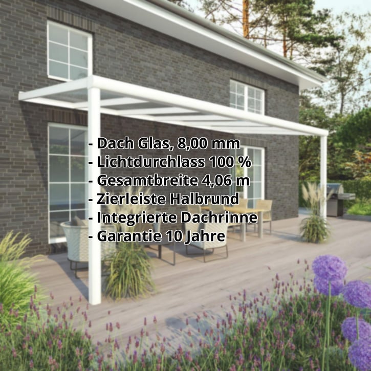 Terrassenüberdachung | Schneelastzone 1 | RAL 9016 | Glasplatte Klar | Leiste Halbrund | Breite 4,06 m | Tiefe 3,00 m #2