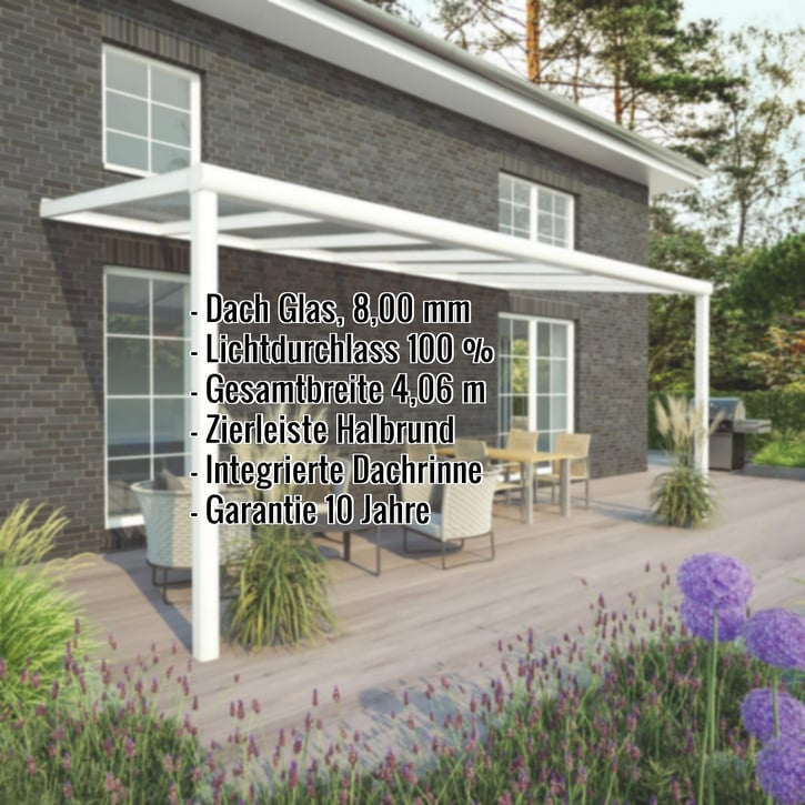 Terrassenüberdachung | Schneelastzone 1 | RAL 9016 | Glasplatte Klar | Leiste Halbrund | Breite 4,06 m | Tiefe 3,50 m #2