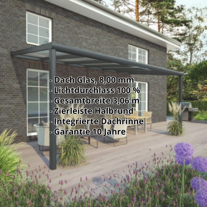 Terrassenüberdachung | Schneelastzone 2 | RAL 7016 | Glasplatte Klar | Leiste Halbrund | Breite 3,06 m | Tiefe 3,00 m #2