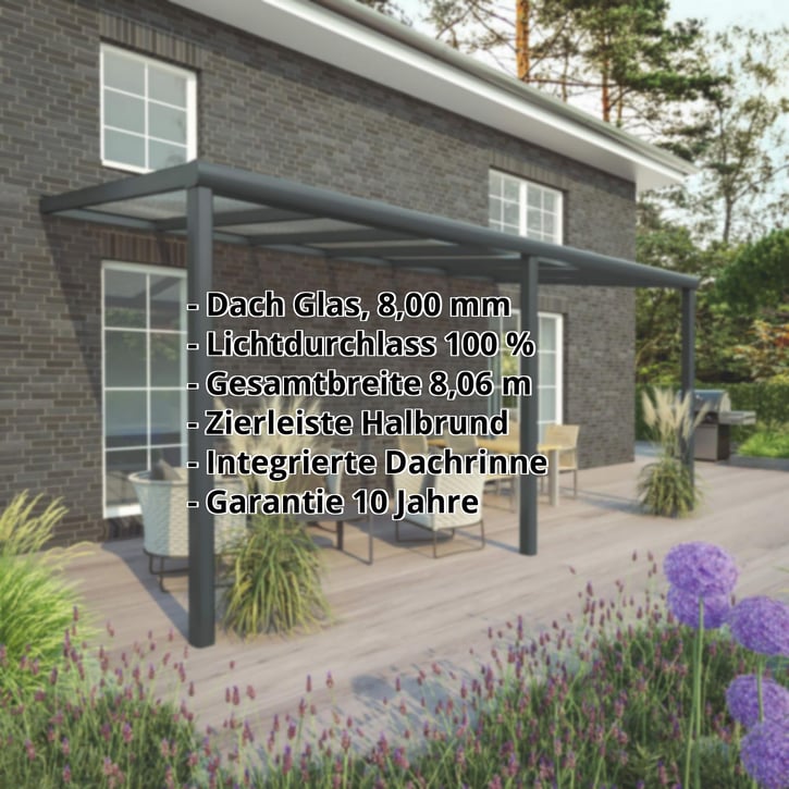 Terrassenüberdachung | Schneelastzone 2 | RAL 7016 | Glasplatte Klar | Leiste Halbrund | Breite 8,06 m | Tiefe 3,00 m #2