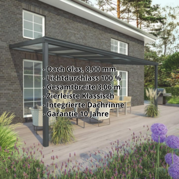 Terrassenüberdachung | Schneelastzone 2 | RAL 7016 | Glasplatte Klar | Leiste Klassisch | Breite 3,06 m | Tiefe 3,00 m #2
