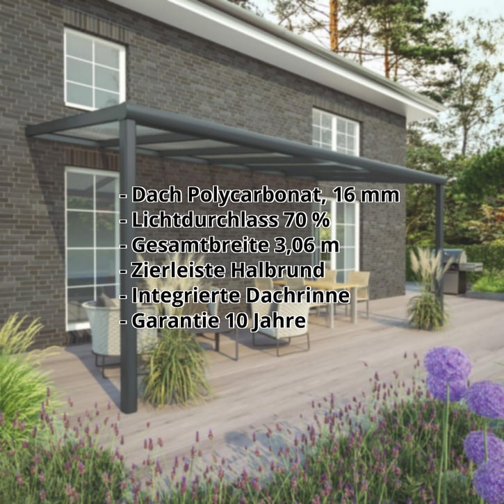Terrassenüberdachung | Schneelastzone 2 | RAL 7016 | Platte Klar | Leiste Halbrund | Breite 3,06 m | Tiefe 3,00 m #2
