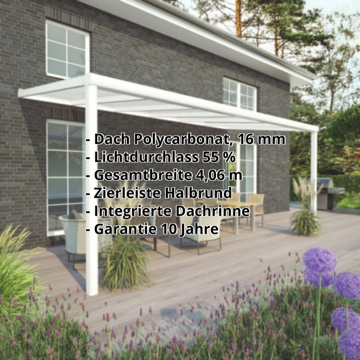 Terrassenüberdachung | Schneelastzone 2 | RAL 9016 | Platte Opal Weiß | Leiste Halbrund | Breite 4,06 m | Tiefe 2,50 m #2