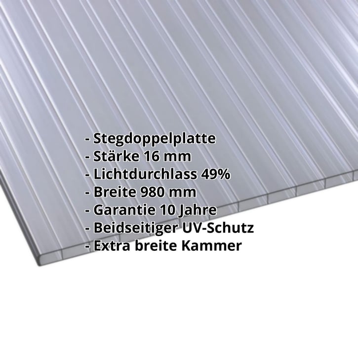 Polycarbonat Doppelstegplatte | 16 mm | Breite 980 mm | Graphit | Beidseitiger UV-Schutz | Breitkammer | 3500 mm #2