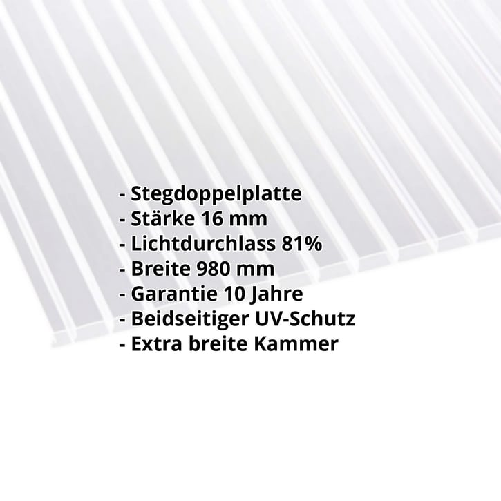 Polycarbonat Doppelstegplatte | 16 mm | Breite 980 mm | Klar | Beidseitiger UV-Schutz | Breitkammer | 2000 mm #2