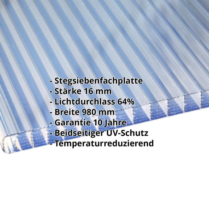 Polycarbonat Stegplatte | 16 mm | Breite 980 mm | Klar | Beidseitiger UV-Schutz | Temperaturreduzierend | 2500 mm #2