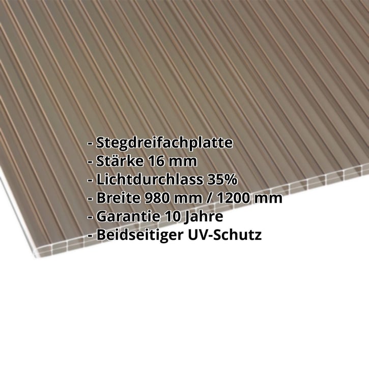 Polycarbonat Stegplatte | 16 mm | Breite 1200 mm | Bronze | Beidseitiger UV-Schutz | 2500 mm #2