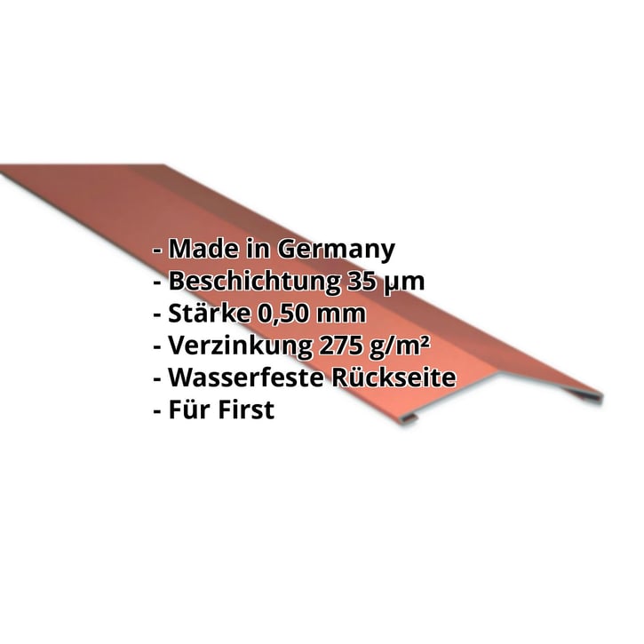 Firstblech flach | 145 x 145 mm | 150° | Stahl 0,50 mm | 35 µm Mattpolyester | 75 - Ziegelrot #2