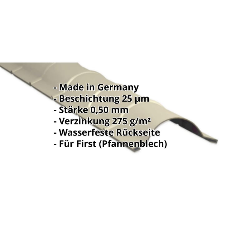 Firstblech halbrund | 1,86 m | Stahl 0,50 mm | 25 µm Polyester | 1015 - Hellelfenbein #2