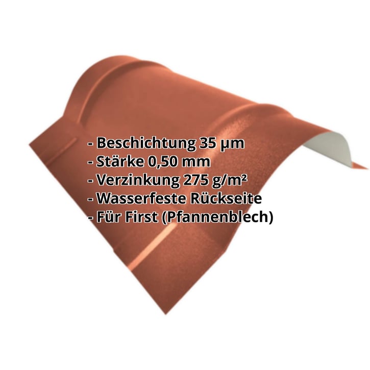 Firstblech halbrund klein | 1,965 m | Stahl 0,50 mm | 35 µm Mattpolyester | 750 - Ziegelrot #2