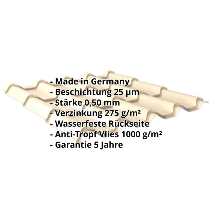 Pfannenblech EUROPA | Anti-Tropf 1000 g/m² | Stahl 0,50 mm | 25 µm Polyester | 1015 - Hellelfenbein #2