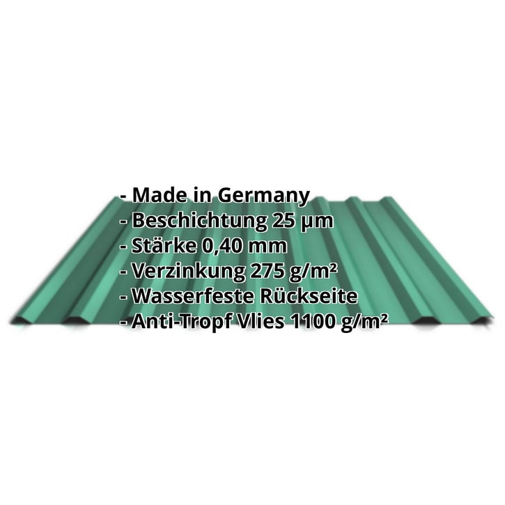 Trapezblech 20/1100 | Dach | Anti-Tropf 1000 g/m² | Sonderposten | Stahl 0,40 mm | 25 µm Polyester | 6020 - Chromoxidgrün #2