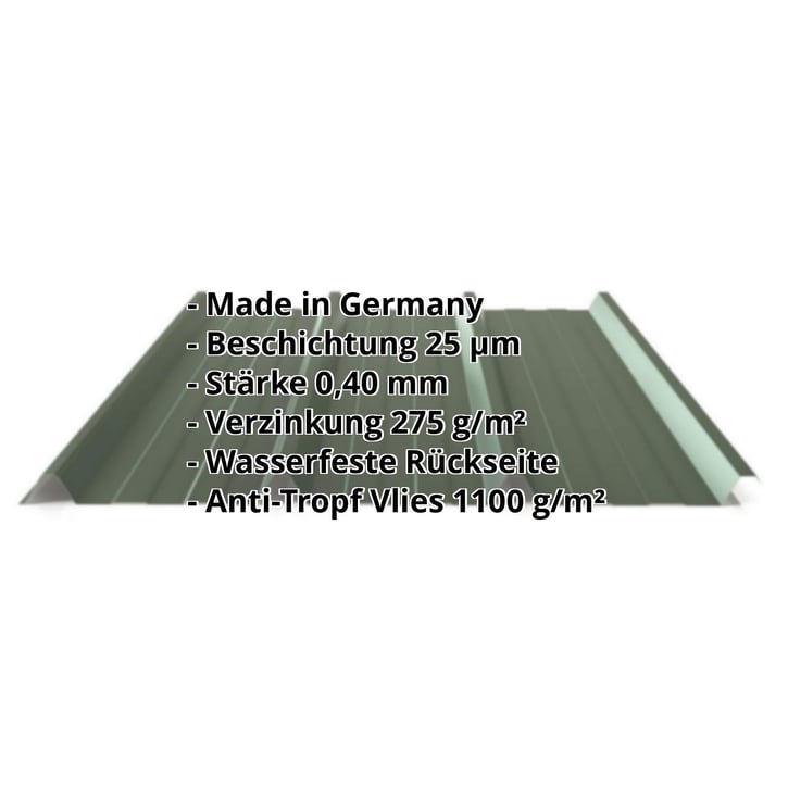Trapezblech 45/333 | Dach | Anti-Tropf 1000 g/m² | Sonderposten | Stahl 0,40 mm | 25 µm Polyester | 6020 - Chromoxidgrün #2