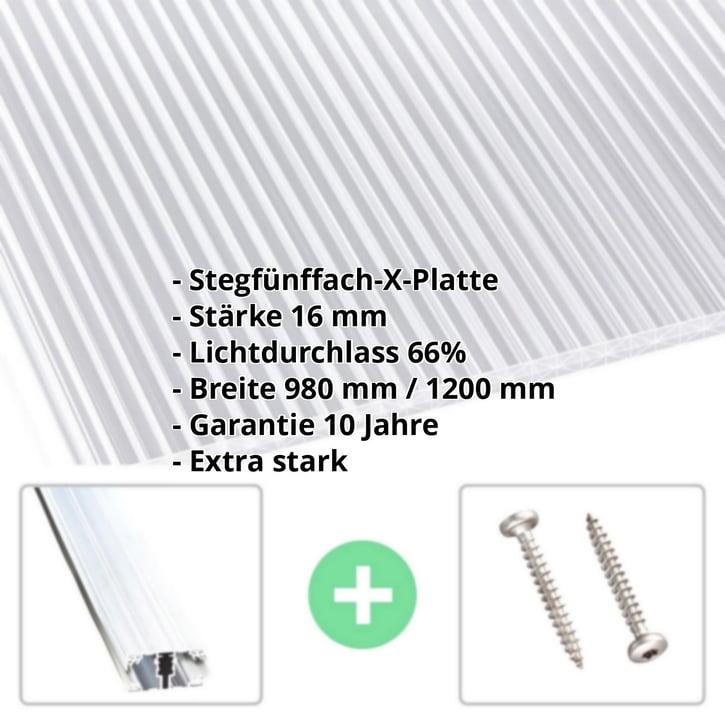 Polycarbonat Stegplatte | 16 mm | Profil A1 | Sparpaket | Plattenbreite 1200 mm | Klar | Extra stark | Breite 3,74 m | Länge 2,00 m #2
