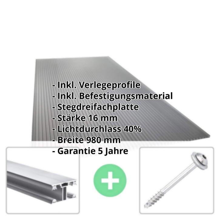 Polycarbonat Stegplatte | 16 mm | Profil ECO | Sparpaket | Plattenbreite 980 mm | Anthrazitgrau | Novalite | Breite 3,05 m | Länge 2,00 m #2