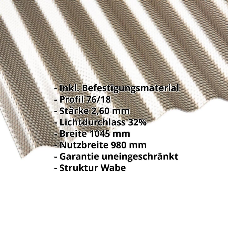 Polycarbonat Wellplatte | 76/18 | Sparpaket | 2,60 mm | Bronze | Wabenstruktur | Breite 3,99 m | Länge 2,00 m #2