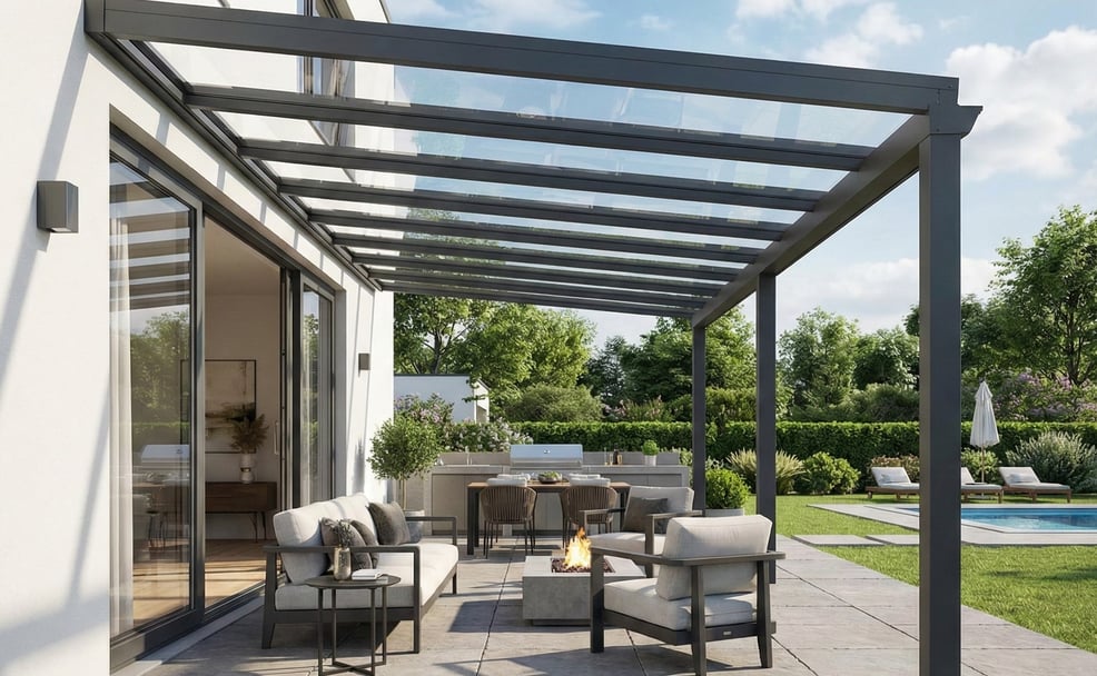 Moderne Terrassenüberdachung aus Aluminium in Anthrazit mit Glaseindeckung